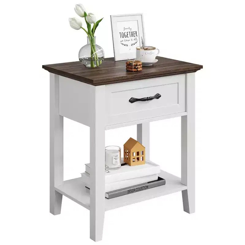 Nightstand, Wood Bedside Table With 1 Drawer and Open Storage Shelf, Small Spaces, Industrial Side Table, Table for Bedroom, Office, Sofa, Couch