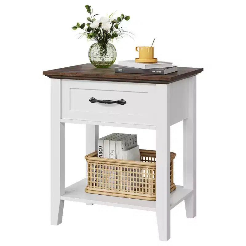 Nightstand, Wood Bedside Table With 1 Drawer and Open Storage Shelf, Small Spaces, Industrial Side Table, Table for Bedroom, Office, Sofa, Couch