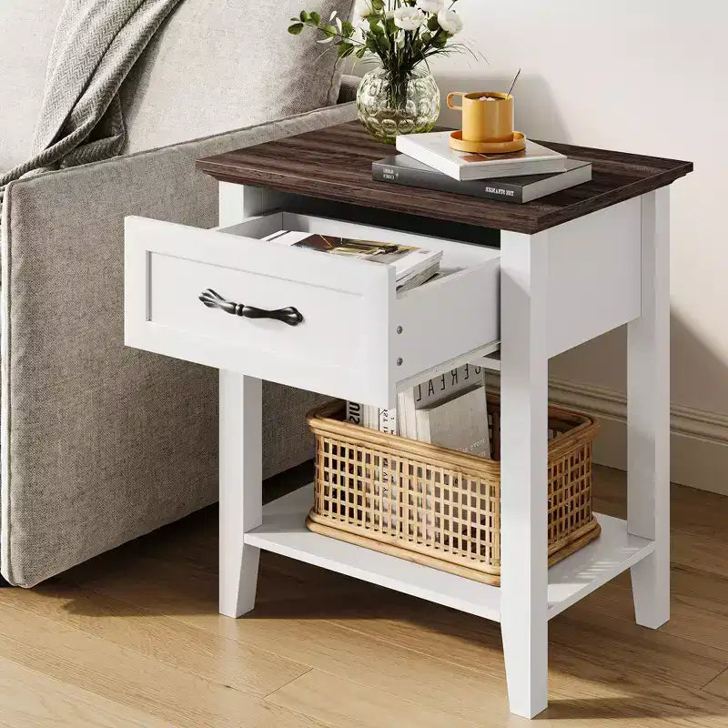 Nightstand, Wood Bedside Table With 1 Drawer and Open Storage Shelf, Small Spaces, Industrial Side Table, Table for Bedroom, Office, Sofa, Couch