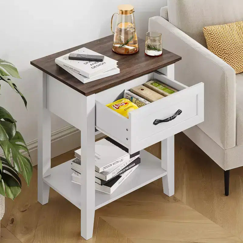 Nightstand, Wood Bedside Table With 1 Drawer and Open Storage Shelf, Small Spaces, Industrial Side Table, Table for Bedroom, Office, Sofa, Couch