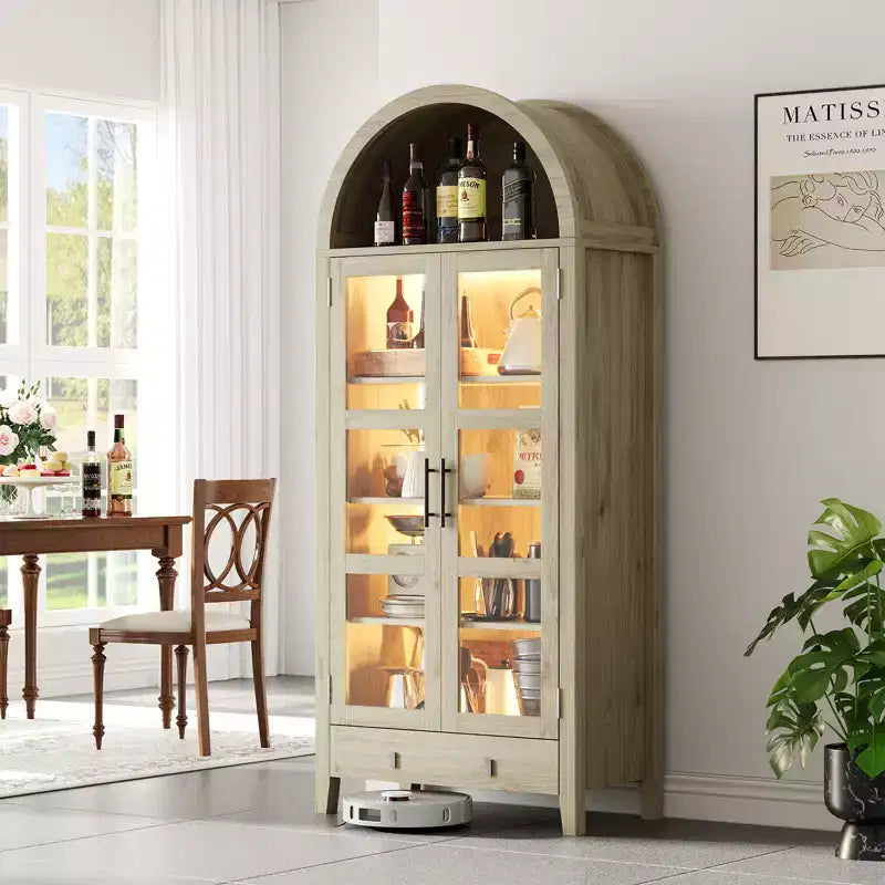 71 Tall Arched Kitchen Pantry Cabinet with Acrylic Glass Doors & Adjustable Shelves, Modern Display Storage Cabinet for Dining Room, Living Room