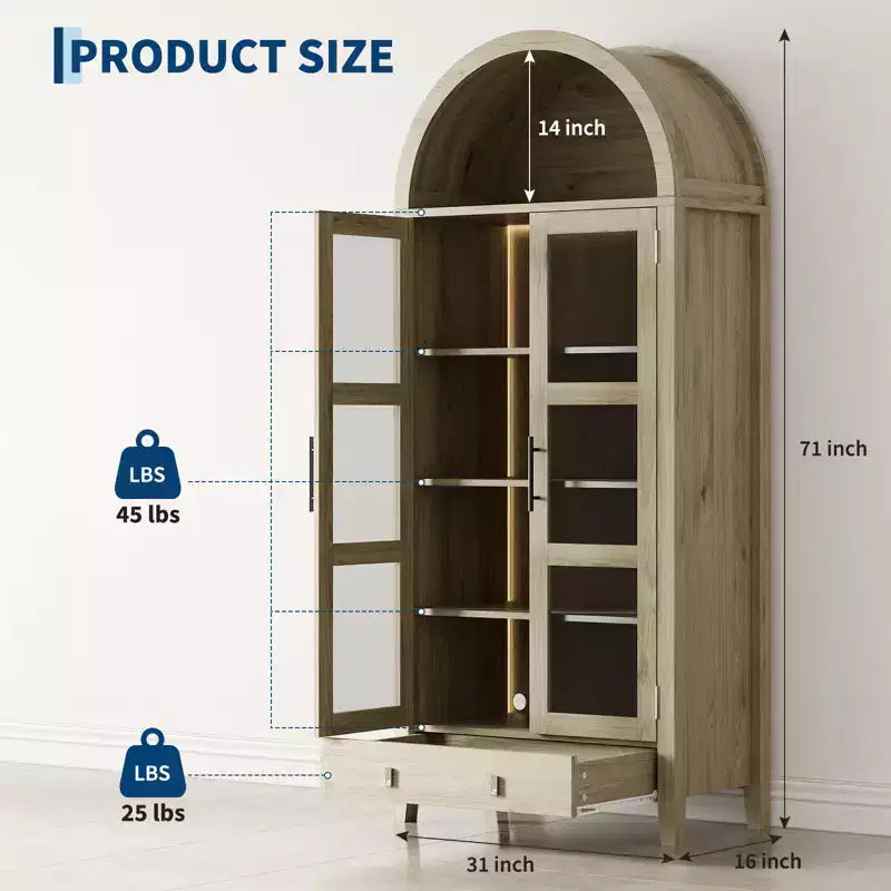 71 Tall Arched Kitchen Pantry Cabinet with Acrylic Glass Doors & Adjustable Shelves, Modern Display Storage Cabinet for Dining Room, Living Room