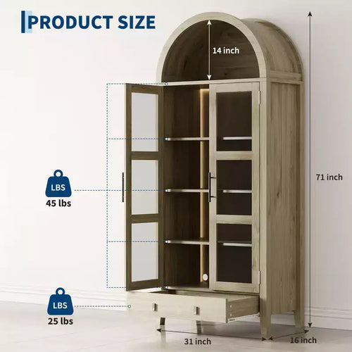 71 Tall Arched Kitchen Pantry Cabinet with Acrylic Glass Doors & Adjustable Shelves, Modern Display Storage Cabinet for Dining Room, Living Room