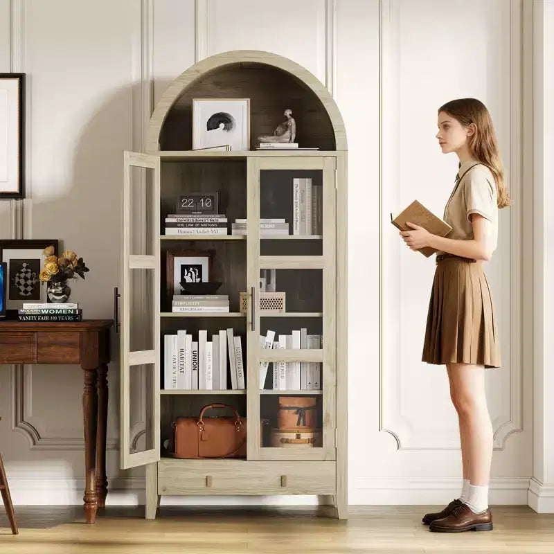 71 Tall Arched Kitchen Pantry Cabinet with Acrylic Glass Doors & Adjustable Shelves, Modern Display Storage Cabinet for Dining Room, Living Room