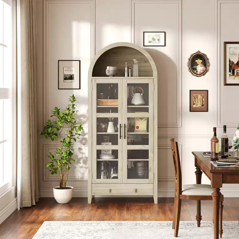 71 Tall Arched Kitchen Pantry Cabinet with Acrylic Glass Doors & Adjustable Shelves, Modern Display Storage Cabinet for Dining Room, Living Room