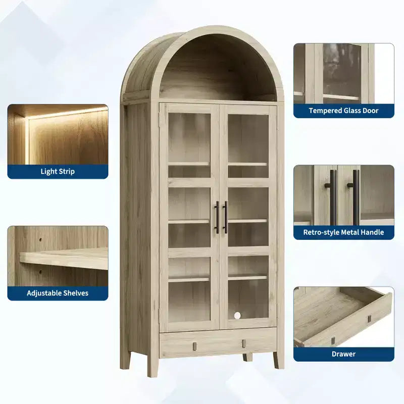 71 Tall Arched Kitchen Pantry Cabinet with Acrylic Glass Doors & Adjustable Shelves, Modern Display Storage Cabinet for Dining Room, Living Room