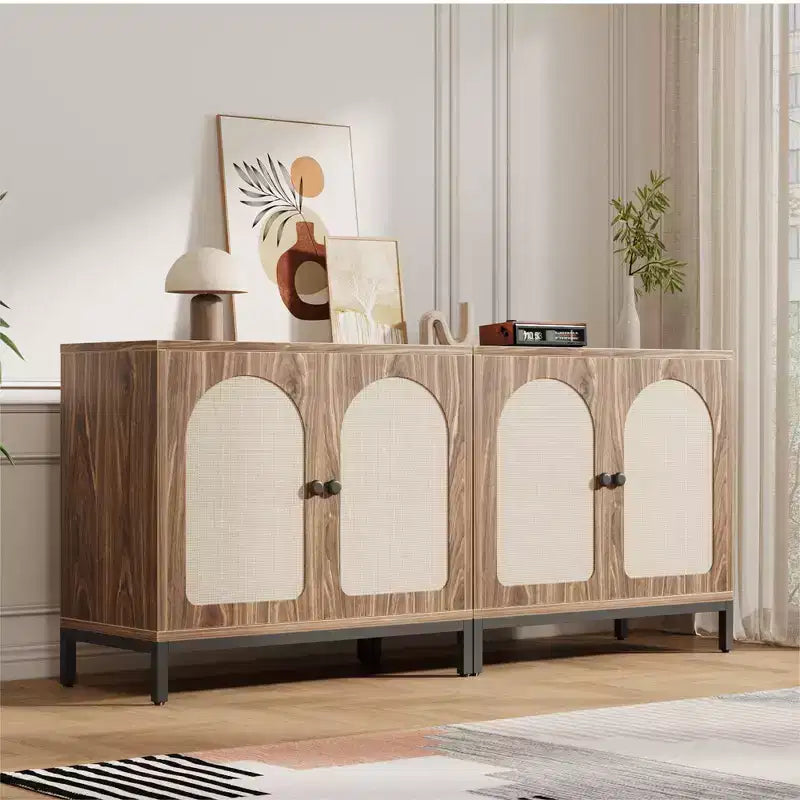 Two-Door Rattan Accent Cabinet Buffet Cabinet with Storage, for Living Room, Hallway, Kitchen
