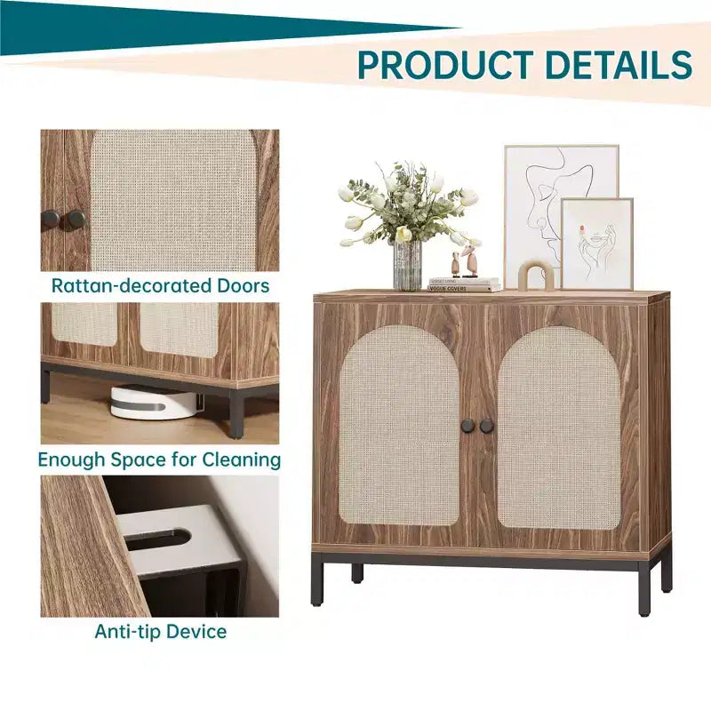 Two-Door Rattan Accent Cabinet Buffet Cabinet with Storage, for Living Room, Hallway, Kitchen
