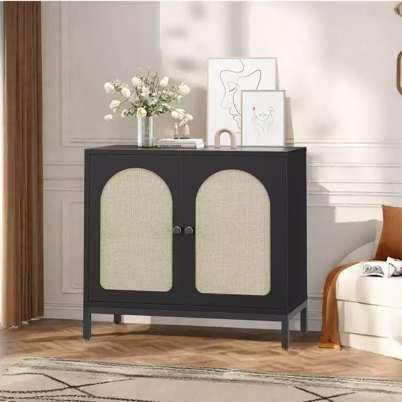 Two-Door Rattan Accent Cabinet Buffet Cabinet with Storage, for Living Room, Hallway, Kitchen