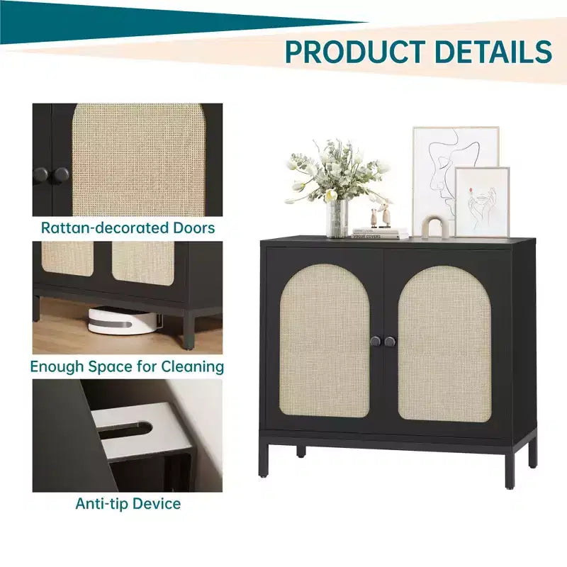Two-Door Rattan Accent Cabinet Buffet Cabinet with Storage, for Living Room, Hallway, Kitchen