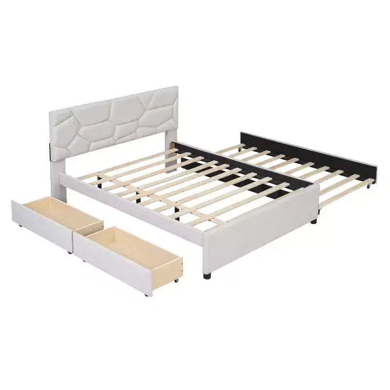 Full/Queen Upholstered Platform Bed with Twin Size Trundle, Solid Wood Platform Bed Frame with Brick Pattern Heardboard