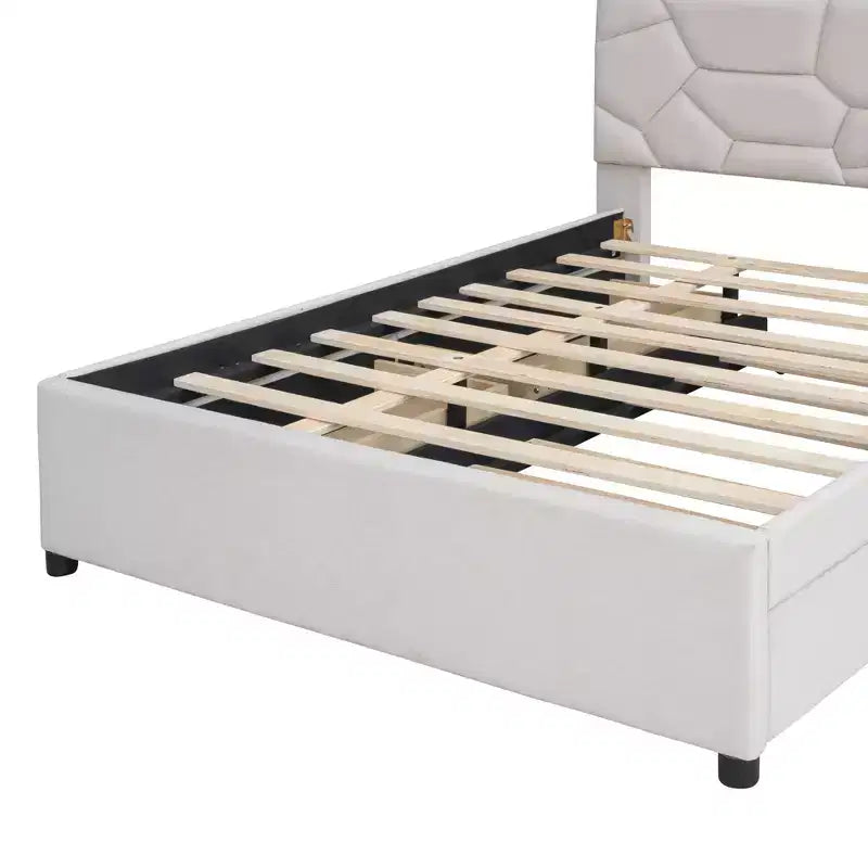 Full/Queen Upholstered Platform Bed with Twin Size Trundle, Solid Wood Platform Bed Frame with Brick Pattern Heardboard