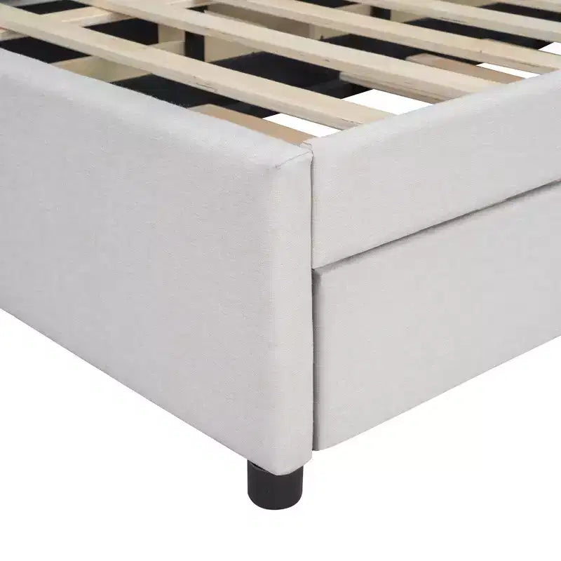 Full/Queen Upholstered Platform Bed with Twin Size Trundle, Solid Wood Platform Bed Frame with Brick Pattern Heardboard