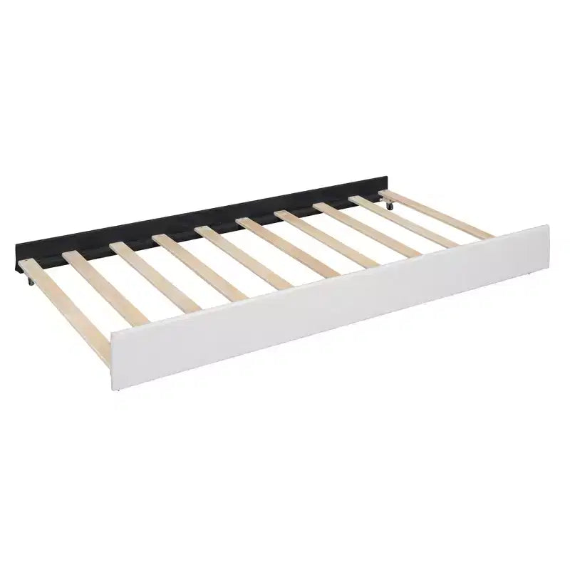 Full/Queen Upholstered Platform Bed with Twin Size Trundle, Solid Wood Platform Bed Frame with Brick Pattern Heardboard