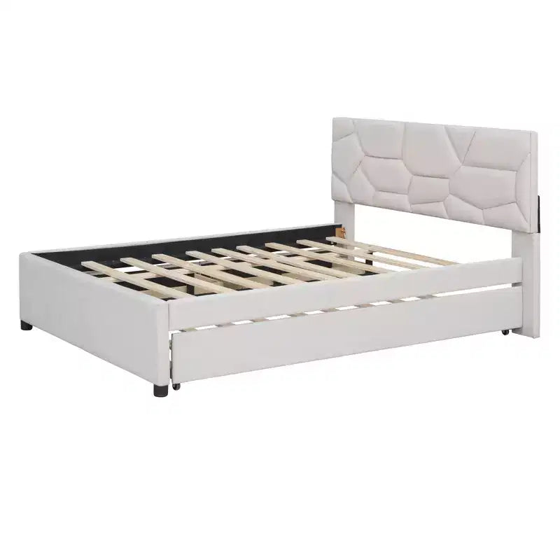 Full/Queen Upholstered Platform Bed with Twin Size Trundle, Solid Wood Platform Bed Frame with Brick Pattern Heardboard