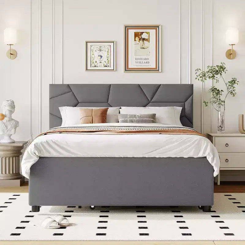 Full/Queen Upholstered Platform Bed with Twin Size Trundle, Solid Wood Platform Bed Frame with Brick Pattern Heardboard