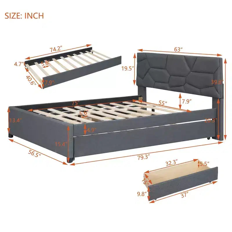 Full/Queen Upholstered Platform Bed with Twin Size Trundle, Solid Wood Platform Bed Frame with Brick Pattern Heardboard