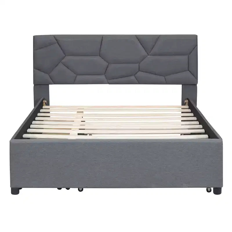Full/Queen Upholstered Platform Bed with Twin Size Trundle, Solid Wood Platform Bed Frame with Brick Pattern Heardboard