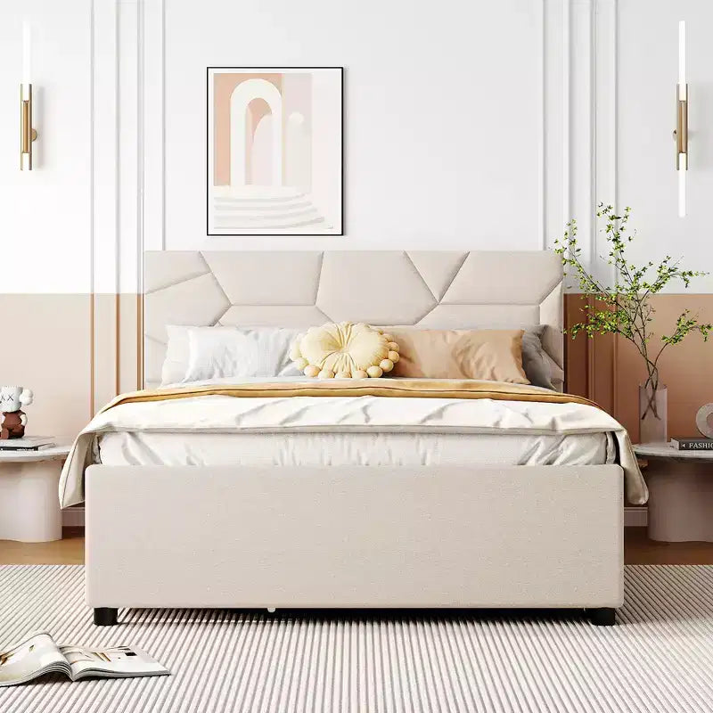 Full/Queen Upholstered Platform Bed with Twin Size Trundle, Solid Wood Platform Bed Frame with Brick Pattern Heardboard