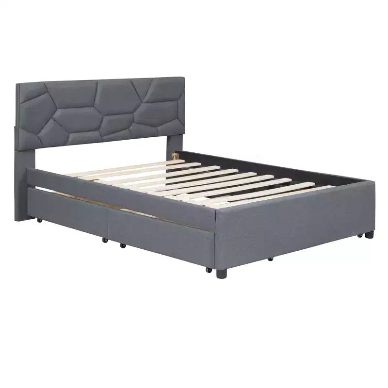 Full/Queen Upholstered Platform Bed with Twin Size Trundle, Solid Wood Platform Bed Frame with Brick Pattern Heardboard