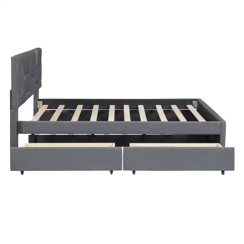 Full/Queen Upholstered Platform Bed with Twin Size Trundle, Solid Wood Platform Bed Frame with Brick Pattern Heardboard