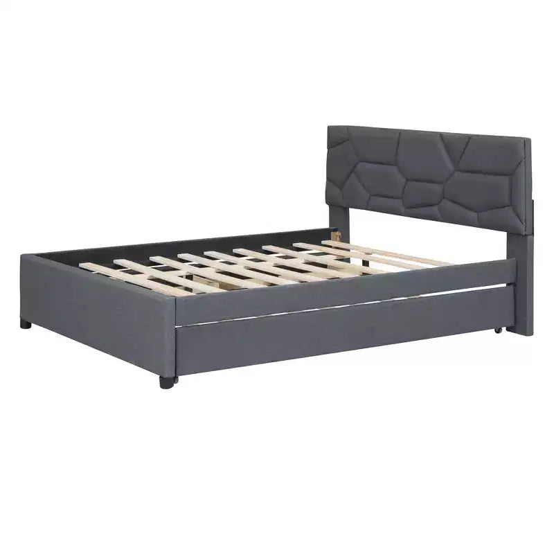 Full/Queen Upholstered Platform Bed with Twin Size Trundle, Solid Wood Platform Bed Frame with Brick Pattern Heardboard