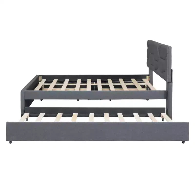 Full/Queen Upholstered Platform Bed with Twin Size Trundle, Solid Wood Platform Bed Frame with Brick Pattern Heardboard
