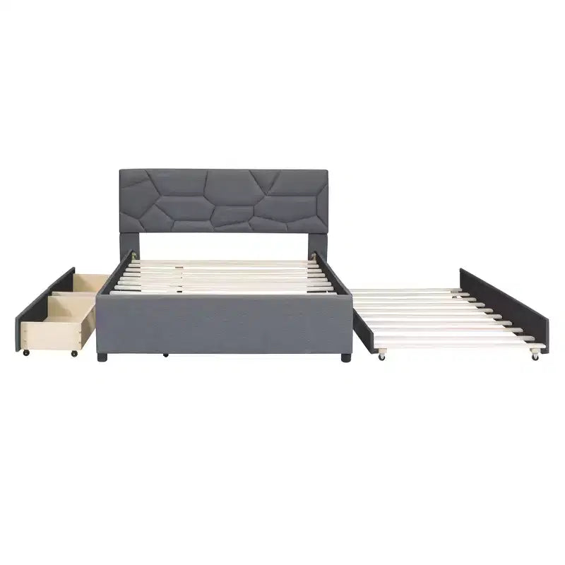 Full/Queen Upholstered Platform Bed with Twin Size Trundle, Solid Wood Platform Bed Frame with Brick Pattern Heardboard
