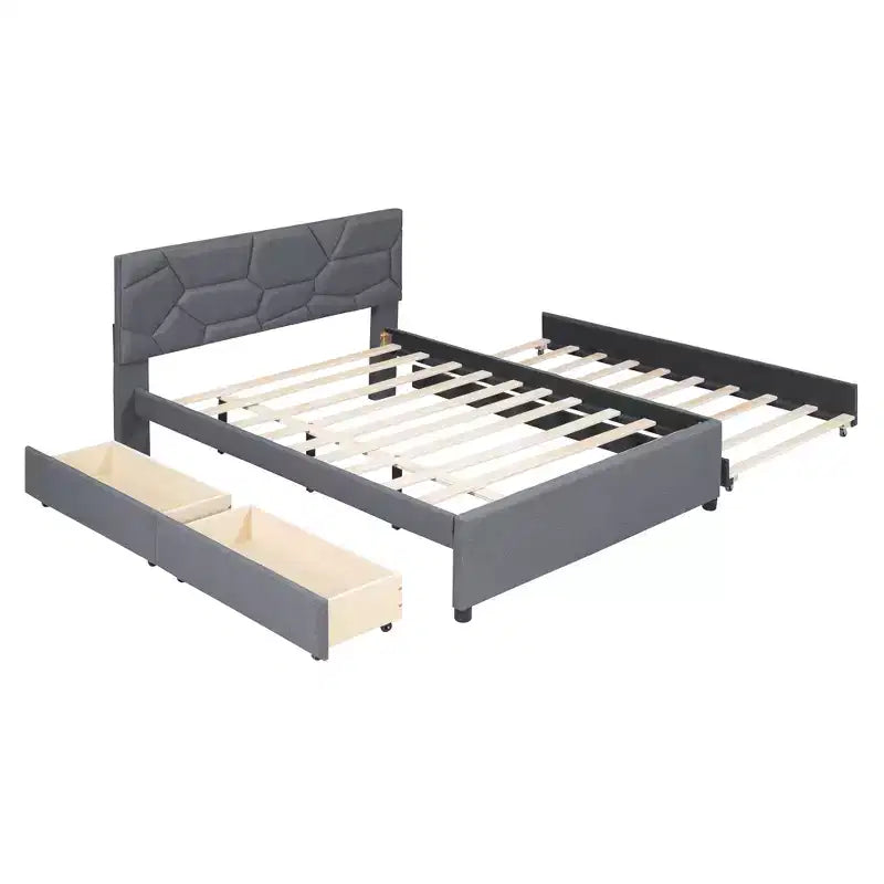 Full/Queen Upholstered Platform Bed with Twin Size Trundle, Solid Wood Platform Bed Frame with Brick Pattern Heardboard
