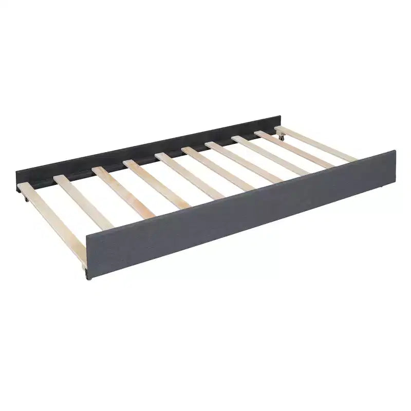 Full/Queen Upholstered Platform Bed with Twin Size Trundle, Solid Wood Platform Bed Frame with Brick Pattern Heardboard