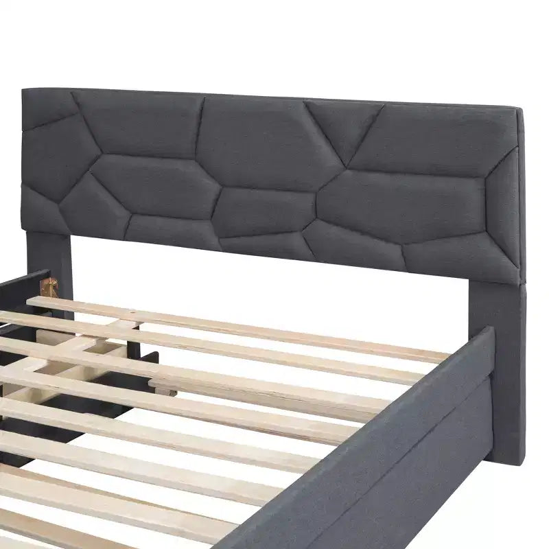 Full/Queen Upholstered Platform Bed with Twin Size Trundle, Solid Wood Platform Bed Frame with Brick Pattern Heardboard