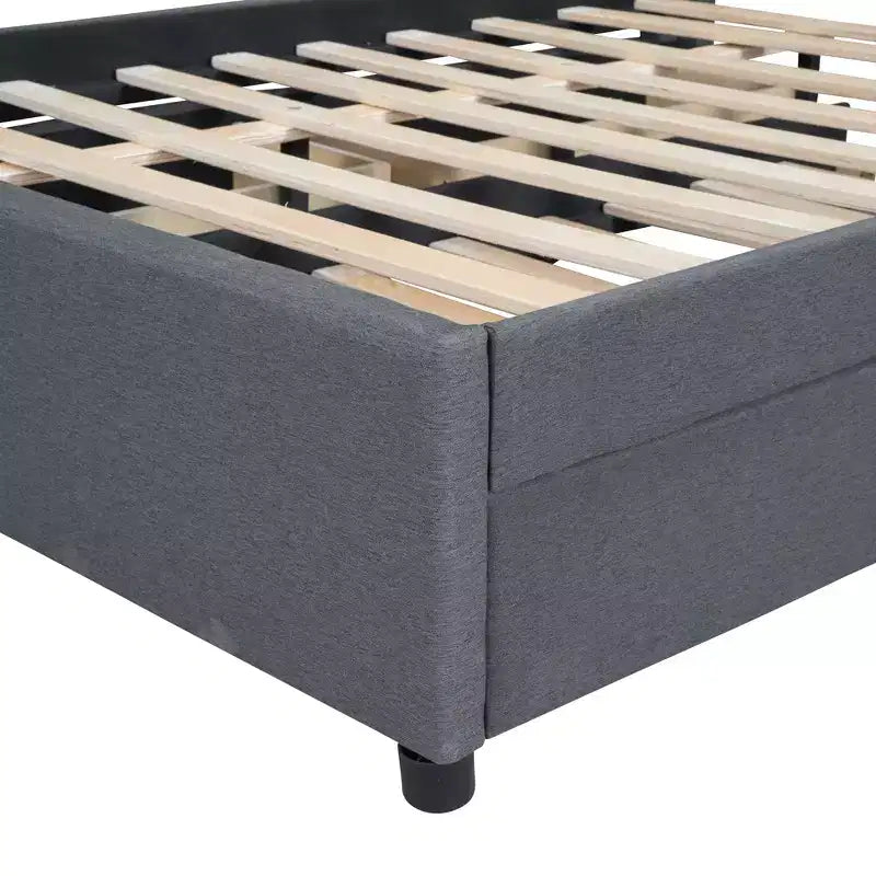 Full/Queen Upholstered Platform Bed with Twin Size Trundle, Solid Wood Platform Bed Frame with Brick Pattern Heardboard