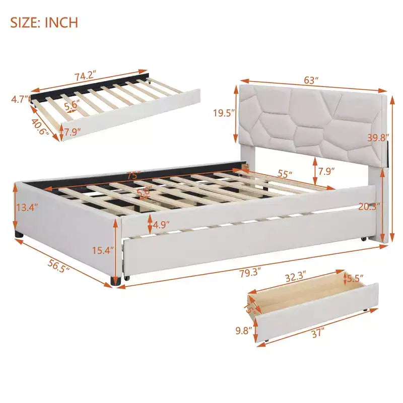Full/Queen Upholstered Platform Bed with Twin Size Trundle, Solid Wood Platform Bed Frame with Brick Pattern Heardboard
