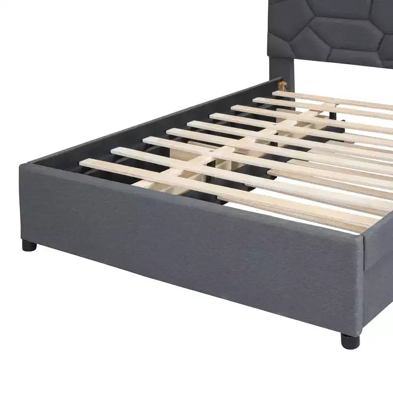 Full/Queen Upholstered Platform Bed with Twin Size Trundle, Solid Wood Platform Bed Frame with Brick Pattern Heardboard