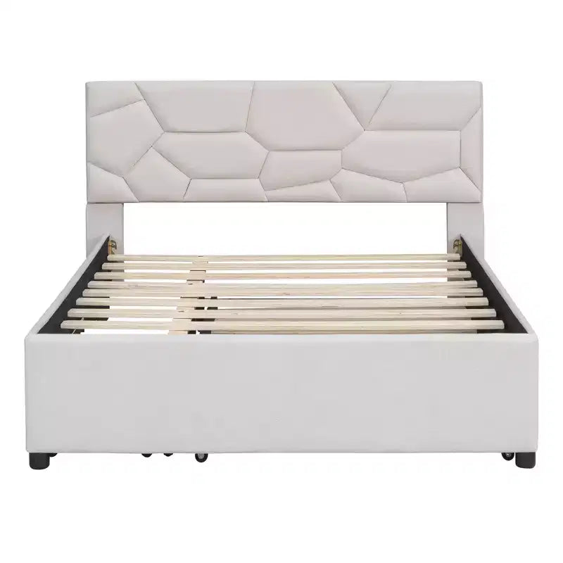 Full/Queen Upholstered Platform Bed with Twin Size Trundle, Solid Wood Platform Bed Frame with Brick Pattern Heardboard
