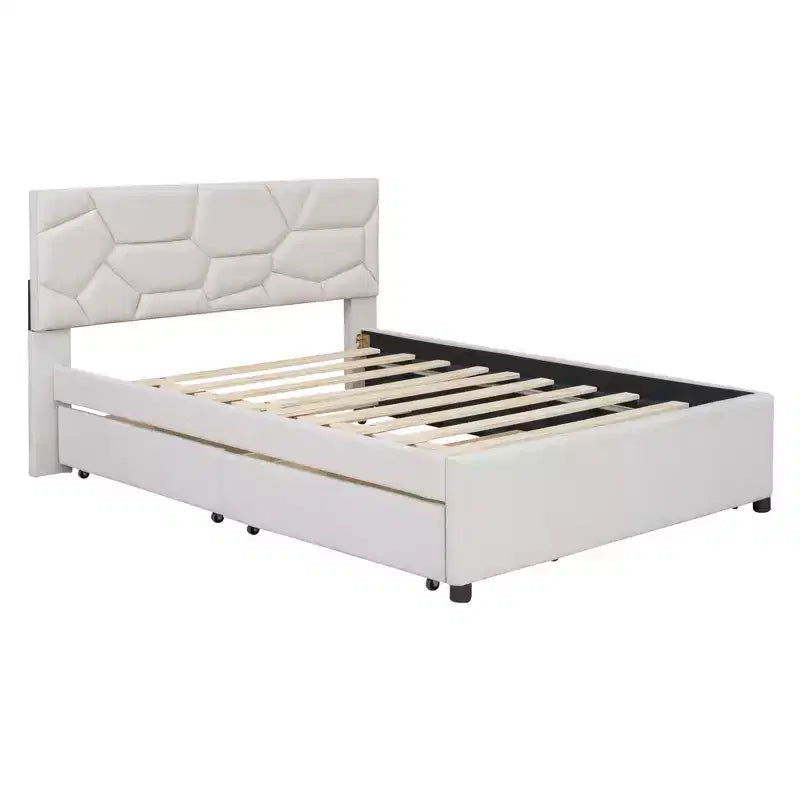 Full/Queen Upholstered Platform Bed with Twin Size Trundle, Solid Wood Platform Bed Frame with Brick Pattern Heardboard