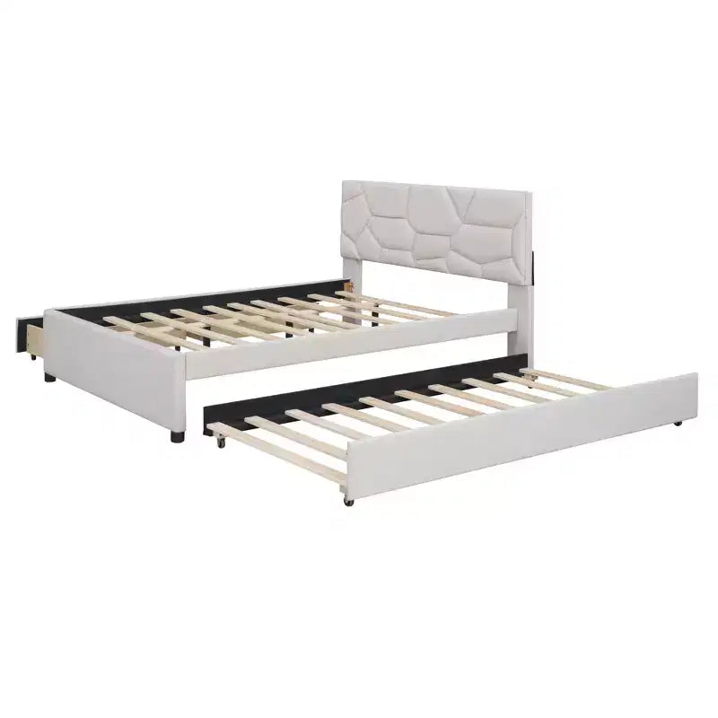 Full/Queen Upholstered Platform Bed with Twin Size Trundle, Solid Wood Platform Bed Frame with Brick Pattern Heardboard