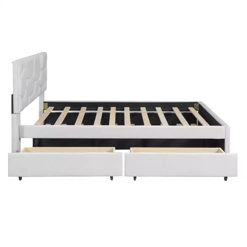 Full/Queen Upholstered Platform Bed with Twin Size Trundle, Solid Wood Platform Bed Frame with Brick Pattern Heardboard
