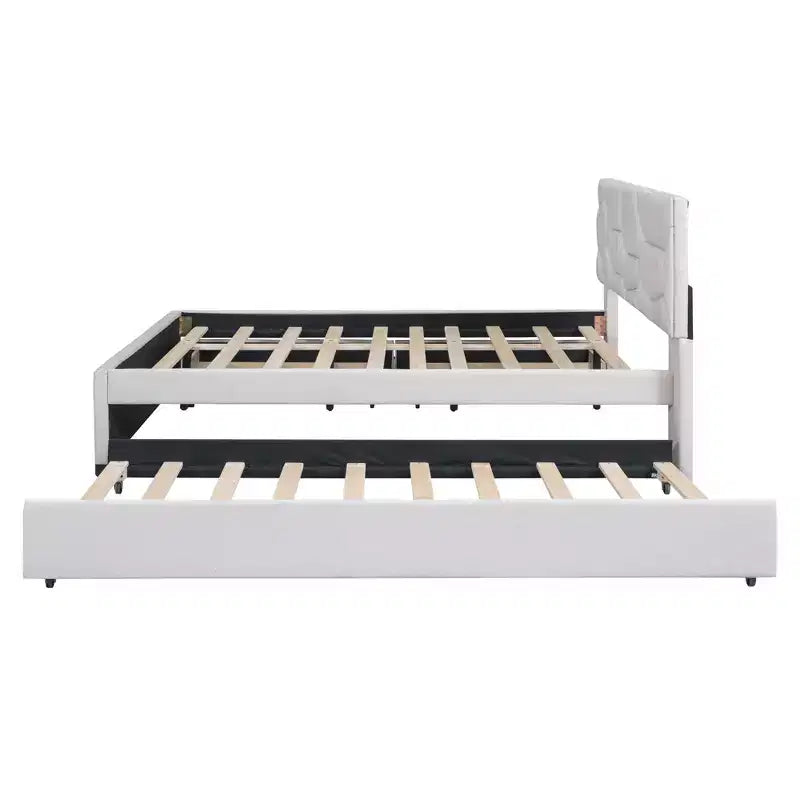 Full/Queen Upholstered Platform Bed with Twin Size Trundle, Solid Wood Platform Bed Frame with Brick Pattern Heardboard