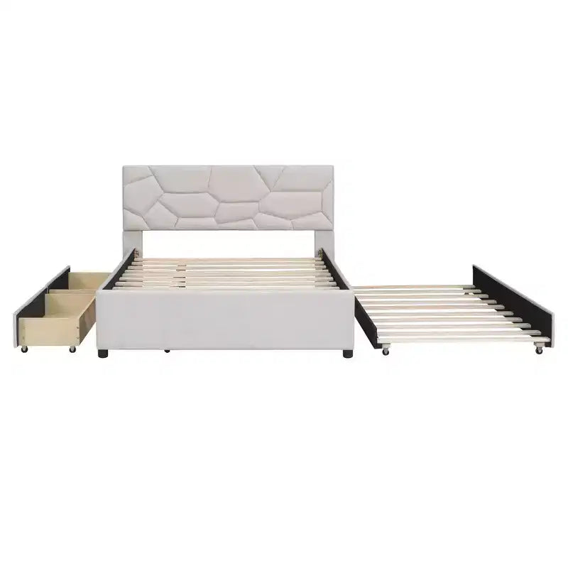 Full/Queen Upholstered Platform Bed with Twin Size Trundle, Solid Wood Platform Bed Frame with Brick Pattern Heardboard
