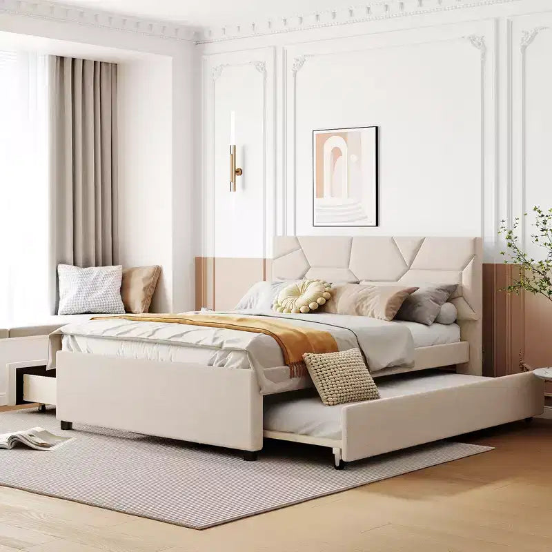 Full/Queen Upholstered Platform Bed with Twin Size Trundle, Solid Wood Platform Bed Frame with Brick Pattern Heardboard