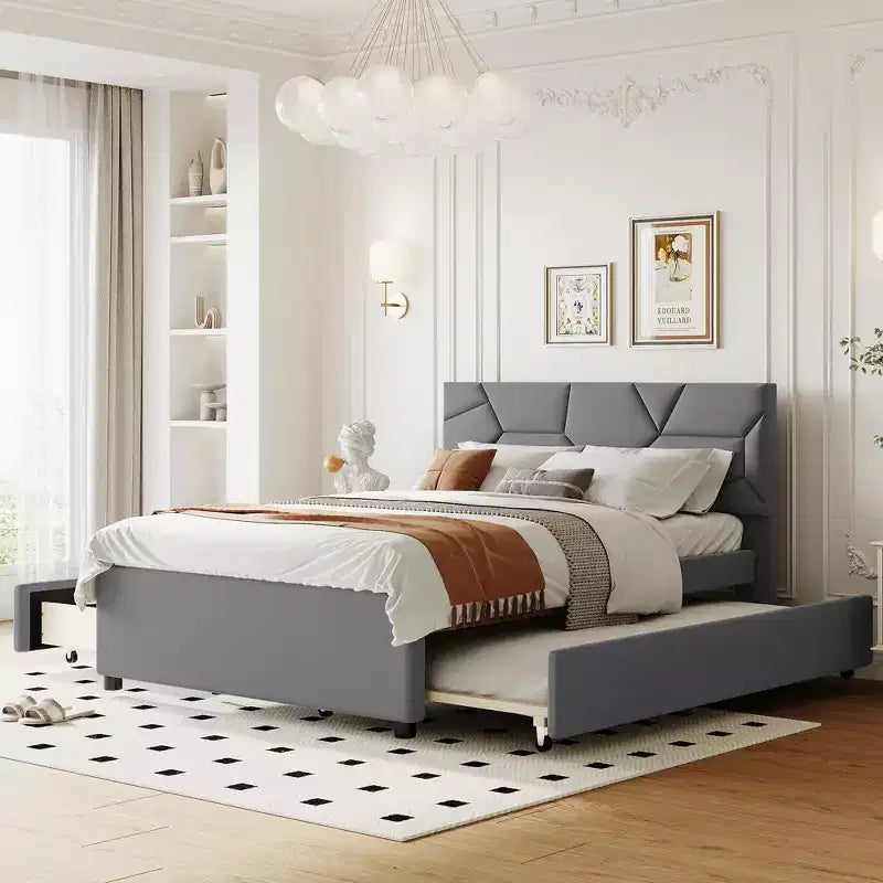 Full/Queen Upholstered Platform Bed with Twin Size Trundle, Solid Wood Platform Bed Frame with Brick Pattern Heardboard