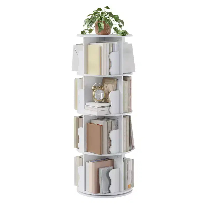 4 Tier Rotating Bookshelf, Wooden Spinning,Tower,Round Revolving 360 Bookcase,Turning Shelf Corner Organizer for Small Space, Bedroom, Office, White