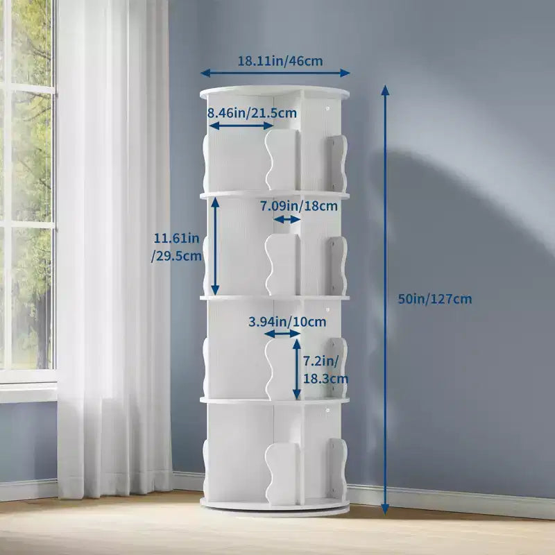 4 Tier Rotating Bookshelf, Wooden Spinning,Tower,Round Revolving 360 Bookcase,Turning Shelf Corner Organizer for Small Space, Bedroom, Office, White