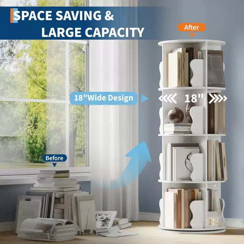 4 Tier Rotating Bookshelf, Wooden Spinning,Tower,Round Revolving 360 Bookcase,Turning Shelf Corner Organizer for Small Space, Bedroom, Office, White