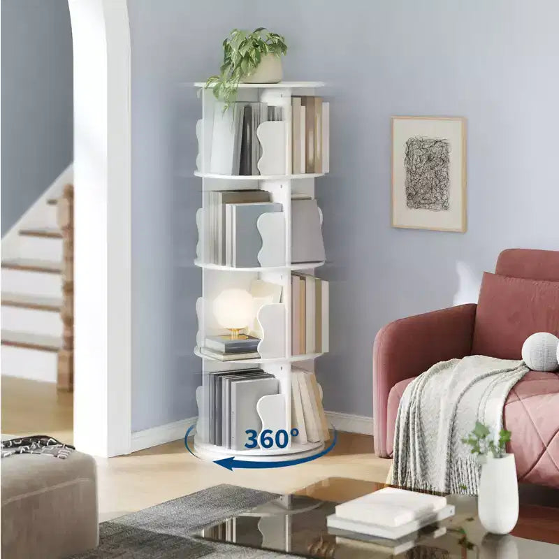 4 Tier Rotating Bookshelf, Wooden Spinning,Tower,Round Revolving 360 Bookcase,Turning Shelf Corner Organizer for Small Space, Bedroom, Office, White