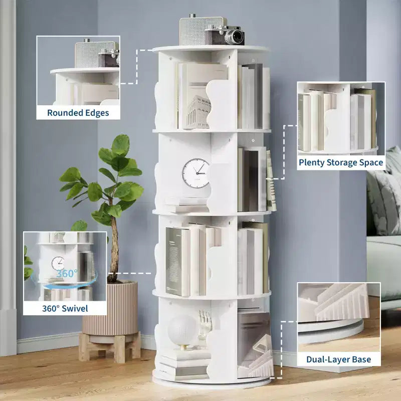 4 Tier Rotating Bookshelf, Wooden Spinning,Tower,Round Revolving 360 Bookcase,Turning Shelf Corner Organizer for Small Space, Bedroom, Office, White