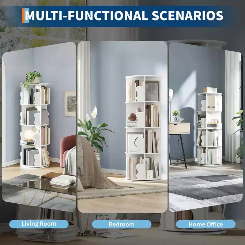 4 Tier Rotating Bookshelf, Wooden Spinning,Tower,Round Revolving 360 Bookcase,Turning Shelf Corner Organizer for Small Space, Bedroom, Office, White