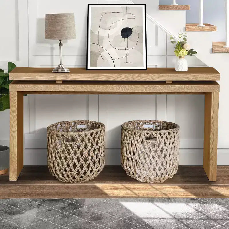 GDFStudio Esom 60 Farmhouse Wood Console Table with Double Board Suspension Shelves