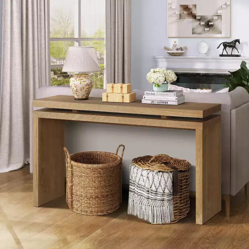 GDFStudio Esom 60 Farmhouse Wood Console Table with Double Board Suspension Shelves